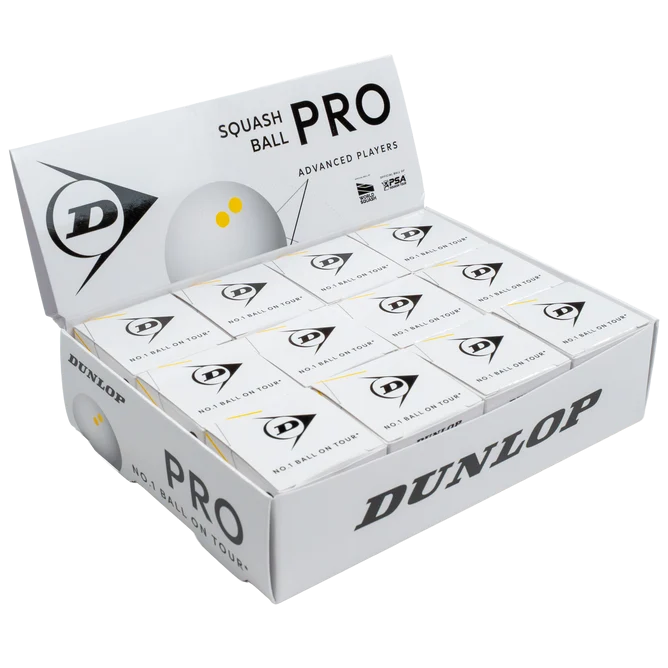 Dunlop Pro White Double Yellow Dot Squash Balls (1 Dozen Box)