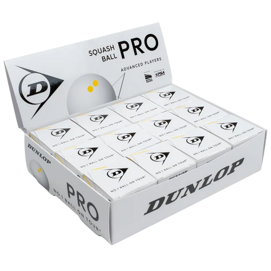 Dunlop Pro White Double Yellow Dot Squash Balls (1 Dozen Box)